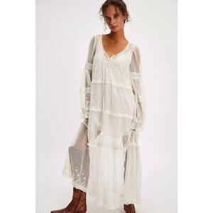 New Free People Stevie Maxi Dress Embroidered Sheer Mesh Ruffled Lined Ivory M.